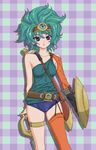  asymmetrical_clothes blue_eyes blue_leotard dragon_quest dragon_quest_iv green_hair heroine_(dq4) leotard okiyumi_kase shield single_thighhigh solo sword thighhighs weapon 