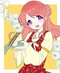  1girl :d blush border commentary_request dress dress_over_shirt eurasia_(wtp09ptw14) food highres holding holding_food holding_sandwich long_hair long_sleeves looking_at_viewer open_mouth original outside_border parted_bangs purple_eyes red_dress red_hair sandwich shirt smile solo upper_body white_border yellow_background yellow_shirt 