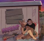 4_toes 5_fingers affectionate anthro anthro_on_anthro barefoot baseball_bat bat_(object) black_nose blood blood_on_face blood_splatter bodily_fluids bottomwear breasts brown_body brown_fur canid canine claws clothed clothed_anthro clothed_female clothed_male clothing duo echo_(game) echo_(series) echo_project eye_contact feet female finger_claws fingers fox fur hi_res hindpaw humanoid_hands interspecies jenna_begay kit_fox larger_male looking_at_another looking_at_partner male male/female mammal mustelid otter outside paws romantic romantic_couple shack shirt shorts sitting size_difference smaller_female smile sunset sydney_bronson t-shirt tan_body tan_fur tank_top toes topwear true_fox unsafescapewolf wearing_hat wooden_sword wristband