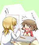  blonde_hair brown_hair hazuki_haru hidamari_sketch kotatsu miyako multiple_girls paper pencil short_hair table translated wide_face wooden_pencil yuno 