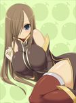  bare_shoulders blue_eyes breast_squeeze breasts brown_hair elbow_gloves gloves hair_over_one_eye huge_breasts impossible_clothes impossible_shirt long_hair shirt shuz_(dodidu) tales_of_(series) tales_of_the_abyss tear_grants thighhighs 