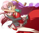  blue_eyes breast_press breasts couple dress epaulettes glasses green_eyes himemiya_anthy hug long_hair medium_breasts mgr_(kougetsu) multiple_girls pink_hair purple_hair shoujo_kakumei_utena tenjou_utena uniform very_long_hair yuri 