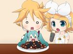  2girls :o animated animated_gif apron aqua_hair blonde_hair blue_eyes blush blush_stickers cameo chibi chocolate detached_sleeves eating food fruit hachune_miku hatsune_miku kagamine_len kagamine_rin kaito long_sleeves mameshiba multiple_girls naked_apron o_o open_mouth orange prehensile_hair steamroller tattoo twintails vocaloid 