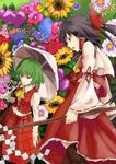  ascot bad_id bad_pixiv_id camellia flower gohei green_hair hakurei_reimu highres hydrangea kazami_yuuka multiple_girls parasol plaid plaid_skirt plaid_vest red_eyes shibasaki_shouji short_hair skirt skirt_set sunflower touhou umbrella vest 