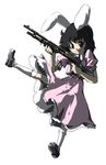  animal_ears bunny_ears dress gengorou gun inaba_tewi left-handed leg_up pump_action shotgun smile socks solo touhou weapon 