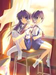  blue_eyes bow clannad cloud curtains desk fujibayashi_kyou fujibayashi_ryou hair_ribbon hikarizaka_private_high_school_uniform long_hair multiple_girls mycstea purple_eyes purple_hair ribbon school_uniform short_hair siblings sisters sitting sky socks thighhighs twins white_legwear wind window 