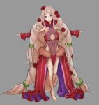  1girl absurdly_long_hair absurdres aged_down anna_sprengel armpits bare_legs barefoot big_hair black_leotard breasts cleavage closed_mouth clothing_cutout crossed_ankles detached_sleeves dress dress_flower flower frills full_body grey_background hair_flower hair_ornament highres leotard long_hair looking_at_viewer multicolored_leotard navel navel_cutout outstretched_arms pelvic_curtain pink_eyes pink_hair purple_dress purple_eyes red_flower red_leotard red_rose rose simple_background smile solo spread_arms standing tatararashi toaru_majutsu_no_index toaru_majutsu_no_index:_new_testament very_long_hair waist_cape 