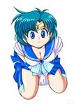 bishoujo_senshi_sailor_moon blue_choker blue_eyes blue_footwear blue_hair blue_sailor_collar blue_skirt boots bow breasts choker cleavage earrings elbow_gloves gloves jewelry knee_boots kneeling large_breasts magical_girl mizuno_ami pirochi sailor_collar sailor_mercury sailor_senshi_uniform short_hair skirt solo tiara white_gloves 