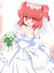  alternate_costume blush breasts bride cleavage collarbone dress flower gloves hair_bobbles hair_ornament medium_breasts onozuka_komachi red_eyes red_hair ry solo touhou two_side_up wedding_dress 