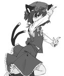  animal_ears blush cat_ears cat_tail chen fighting_stance fingernails gengorou greyscale hat long_skirt monochrome multiple_tails nail_polish short_hair simple_background skirt solo tail touhou 