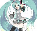  aqua_eyes aqua_hair bad_id bad_pixiv_id blaze_(artist) detached_sleeves hands hatsune_miku headset long_hair necktie outstretched_arm outstretched_hand reaching skirt solo thighhighs twintails very_long_hair vocaloid 