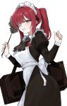  1girl absurdres alternate_costume apron bandaid black_dress black_sleeves collared_dress cowboy_shot dress duster feather_duster frilled_apron frills from_side gauze gauze_over_eye green_eyes highres holding_tool kim_nyangpeon limbus_company long_hair looking_at_viewer maid_apron maid_headdress ponytail project_moon red_hair simple_background smile solo teeth white_background white_sleeve_cuffs yuri_(project_moon) 