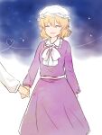  2girls :d blonde_hair blush bow closed_eyes collar dress frills hair_between_eyes happy hat heart holding_hands koto_(shiberia39) long_dress long_sleeves maribel_hearn mob_cap multiple_girls night night_sky purple_dress sash short_hair sky smile solo_focus star_(sky) string touhou usami_renko white_bow white_collar white_hat white_sash white_sleeve_cuffs white_sleeves white_string yuri 