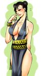  alternate_costume black_hair blush breasts brown_eyes capcom china_dress chinese_clothes chun-li cleavage double_bun dress iori.m large_breasts short_hair solo street_fighter 