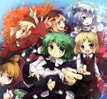  aki_minoriko aki_shizuha antennae blonde_hair blue_eyes blush bow bucket bug butterfly cape cirno dress food fruit grapes green_eyes green_hair hair_bow in_bucket in_container insect kisume kurodani_yamame leaf letty_whiterock maple_leaf middle_finger multiple_girls murani pointing purple_eyes purple_hair rumia short_hair silk snow snowman spider_web stage_connection touhou wriggle_nightbug yellow_eyes 