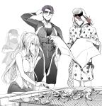  2boys 2girls abs artoria_pendragon_(fate) artoria_pendragon_(lancer)_(fate) artoria_pendragon_(over_the_same_sky)_(fate) casual casual_one-piece_swimsuit covered_abs fate/grand_order fate_(series) food lancelot_(fate/grand_order) monochrome multiple_boys multiple_girls mysterious_heroine_x_(fate) one-piece_swimsuit purple_hair red_hair servant_summer_festival!_2023 shirt sleeveless sleeveless_shirt swimsuit syatey toned toned_male tristan_(fate) 
