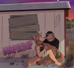 4_toes 5_fingers affectionate anthro anthro_on_anthro barefoot black_nose bottomwear breasts brown_body brown_fur canid canine claws clothed clothed_anthro clothed_female clothed_male clothing duo echo_(game) echo_(series) echo_project eye_contact feet female finger_claws fingers fox fur hi_res hindpaw humanoid_hands interspecies jenna_begay kit_fox larger_male looking_at_another looking_at_partner male male/female mammal mustelid otter outside paws romantic romantic_couple shack shirt shorts sitting size_difference smaller_female smile sunset sydney_bronson t-shirt tan_body tan_fur tank_top toes topwear true_fox unsafescapewolf wearing_hat wristband