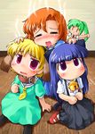  animal_ears bell bell_collar blonde_hair blue_hair blush cat_ears chibi closed_eyes collar dog_ears fang furude_rika green_hair green_skirt higurashi_no_naku_koro_ni houjou_satoko long_hair multiple_girls orange_hair pantyhose pink_eyes purple_eyes ryuuguu_rena sakurabe_notosu short_hair skirt sonozaki_mion steam take_it_home 