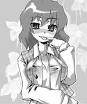  blush breasts cleavage finger_to_mouth gengorou greyscale kazami_yuuka large_breasts lowres monochrome naughty_face open_clothes open_shirt plaid plaid_vest shirt solo tongue touhou vest 