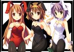  animal_ears asahina_mikuru brown_eyes brown_hair bunny_ears bunnysuit fujiwara_tooya long_hair multiple_girls nagato_yuki pantyhose short_hair silver_hair suzumiya_haruhi suzumiya_haruhi_no_yuuutsu yellow_eyes 