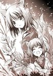  animal_ears artist_request brown closed_eyes copyright_request fang flower monochrome multiple_girls short_hair tail 
