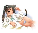  animal_ears bad_id bad_pixiv_id blush cat_ears francesca_lucchini midriff navel panties pillow saeki_touma solo strike_witches striped striped_panties tail twintails unbuttoned underwear world_witches_series 