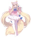  1girl :d absurdly_long_hair animal_ear_fluff animal_ears artist_name blonde_hair blue_bow blue_bowtie blush bow bow_legwear bowtie breasts clenched_hand commentary commission english_commentary facial_mark fox_ears fox_girl fox_tail from_below full_body gacha_(series) gacha_club gacha_life hair_ornament hair_tie hands_up long_hair long_sidelocks long_sleeves looking_at_viewer low_twintails miniskirt no_shoes open_mouth original pink_bow pink_shirt pleated_skirt puffy_long_sleeves puffy_sleeves purple_eyes sailor_collar sasucchi95 senpaibuns shirt sidelocks simple_background skirt sleep_mask small_breasts smile solo standing star_(symbol) star_facial_mark swept_bangs tail teeth thighhighs twintails upper_teeth_only very_long_hair watermark white_background white_sailor_collar white_skirt white_sleeve_cuffs white_thighhighs yellow_tail zettai_ryouiki 