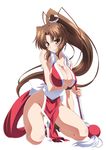  blush breasts brown_eyes brown_hair cleavage closed_fan fan fatal_fury folding_fan izumi_mahiru japanese_clothes large_breasts long_hair pelvic_curtain ponytail queen's_gate revealing_clothes shiranui_mai solo the_king_of_fighters 