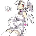  albino amamiya_ten'ya angel_wings bare_shoulders belt breasts copyright_name elbow_gloves eyepatch game_console gloves hunewearl large_breasts light_smile looking_at_viewer mag_(phantasy_star) phantasy_star phantasy_star_online pointy_ears ponytail red_eyes sega_dreamcast seiza shorts simple_background sitting sketch sleeveless solo thighhighs white white_background white_hair wings 