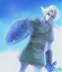  artist_request blonde_hair blue_eyes earrings gloves holding holding_sword holding_weapon jewelry left-handed link male_focus master_sword pointy_ears shield solo sword the_legend_of_zelda weapon 