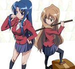  aisaka_taiga blue_hair bokken brown_eyes brown_hair idoke_kaeru kawashima_ami long_hair multiple_girls oohashi_high_school_uniform purple_eyes school_uniform sword thighhighs toradora! weapon wooden_sword yuukami_(wittsu) 