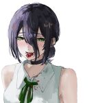  1girl black_choker black_hair blood blood_on_clothes blood_on_face chainsaw_man choker collared_shirt green_eyes green_ribbon hair_between_eyes hair_bun reze_(chainsaw_man) ribbon severed_tongue shirt simple_background sleeveless sleeveless_shirt solo ushi_yo white_background white_shirt 