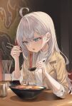  1girl absurdres ahoge alisa_mikhailovna_kujou blue_eyes brown_jacket chopsticks commentary eating food grey_hair hair_between_eyes highres holding holding_chopsticks holding_spoon jacket kerno long_hair long_sleeves noodles open_clothes open_jacket parted_lips ramen shirt sitting solo spicy spoon tearing_up tokidoki_bosotto_roshia-go_de_dereru_tonari_no_alya-san turtleneck white_shirt 