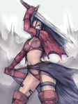  aira_(dq7) arm_up black_hair dragon_quest dragon_quest_vii fumio_(rsqkr) gloves highleg highleg_panties holding holding_sword holding_weapon long_hair navel panties red_gloves red_panties sheath solo sword thigh_strap thighhighs underwear v-shaped_eyebrows weapon 