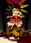  blonde_hair blood broken dress flandre_scarlet hat hat_ribbon necktie red_eyes ribbon shrug smile solo stuffed_animal stuffed_toy suzu_(pixiv116355) teddy_bear touhou wings 