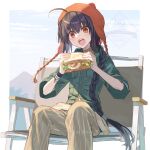  1other ahoge beanie black_hair blue_sky bracelet braid bread brown_choker choker collared_shirt earflap_beanie eating egg_(food) fate/grand_order fate_(series) food green_shirt grey_overalls hair_over_shoulder hat highres holding holding_food holding_sandwich jewelry lettuce long_braid mountain orange_eyes orange_hat overalls pants pinstripe_pattern sandwich shirt sidelocks single_braid sitting sky solo striped_clothes striped_pants sweatband vertical-striped_clothes vertical-striped_pants yamato_takeru_(fate) yamato_takeru_(over_the_same_sky)_(fate) you_(outtune) 