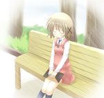  bench brown_hair hair_ornament hidamari_sketch non-web_source school_uniform short_hair sketchbook sleeping solo x_hair_ornament yuno 