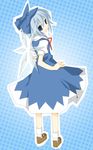  amagu bad_id bad_pixiv_id blue_eyes cirno looking_back mary_janes ribbon shoes smile solo touhou white_hair wings 