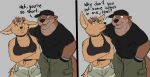 5_fingers anthro anthro_on_anthro black_nose bottomwear breasts brown_body brown_fur canid canine choker claws cleavage clothed clothed_anthro clothed_female clothed_male clothing dialogue duo echo_(game) echo_(series) echo_project english_text female finger_claws fingers flirting fox fur hi_res humanoid_hands innuendo interspecies jenna_begay jewelry kit_fox larger_male male male/female mammal muscular muscular_anthro muscular_male mustelid navel necklace otter shirt shorts size_difference smaller_female smile surprised sydney_bronson t-shirt tan_body tan_fur tank_top teasing text topwear true_fox unsafescapewolf wearing_hat wristband