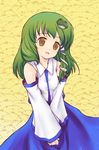  :d blue_skirt blush cowboy_shot detached_sleeves frog green_hair kashiwagi_kazuhiro kochiya_sanae long_hair long_sleeves looking_at_viewer open_mouth own_hands_together simple_background skirt smile solo standing touhou yellow_background 