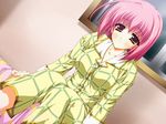  amagi_hinano amakawa_akito bed blush brown_eyes dutch_angle game_cg non-web_source otome_smile pajamas pink_hair short_hair solo 