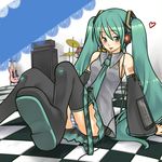  :p arm_support blush detached_sleeves green_eyes green_hair hatsune_miku heart liminarity long_hair necktie panties pantyshot pantyshot_(sitting) sitting skirt solo striped striped_panties thighhighs tongue tongue_out twintails underwear vocaloid 