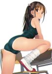  1girl arm_support ass bare_shoulders blue_one-piece_swimsuit blush brown_eyes brown_hair cameltoe chair desk from_behind hair_ornament koutaro long_hair looking_at_viewer loose_socks multicolored_hair_bobbles old_school_swimsuit one-piece_swimsuit one-piece_tan open_mouth original school_chair school_desk school_swimsuit shoes socks solo swimsuit tan tanlines uwabaki white_socks 
