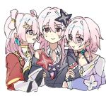  3girls akitoo1476081 black_choker black_dress black_flower black_gloves blue_eyes blue_jacket blush buttons chinese_clothes choker closed_mouth clothing_cutout collarbone collared_dress collared_shirt dress earrings empty_eyes evernight_(honkai:_star_rail) fingerless_gloves flower flower_ornament gloves hair_between_eyes hair_flower hair_ornament hairclip honkai:_star_rail honkai_(series) jacket jewelry long_hair long_sleeves looking_at_another mandarin_collar march_7th_(honkai:_star_rail) march_7th_(hunt)_(honkai:_star_rail) march_7th_(preservation)_(honkai:_star_rail) multicolored_eyes multiple_girls multiple_persona official_alternate_costume official_alternate_hairstyle open_clothes open_mouth pink_hair puffy_long_sleeves puffy_sleeves purple_eyes red_eyes red_flower red_shrug selfcest shirt shoulder_cutout shrug_(clothing) shuangyaji sidelocks simple_background single_bare_shoulder single_earring smile sweatdrop two-tone_dress upper_body white_background white_dress white_flower white_shirt yellow_flower yuri 