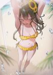  1girl absurdres ahoge armpits arms_up beach bikini bikini_skirt blue_eyes blurry blurry_foreground breasts brown_hair cleavage commentary_request day double-parted_bangs flower frilled_bikini frills hair_between_eyes hair_flower hair_ornament halterneck highres hololive long_sidelocks natsuiro_matsuri natsuiro_matsuri_(hololive_summer_2019) navel official_alternate_costume one-piece_tan open_mouth outdoors outstretched_arm side_ponytail sidelocks small_breasts solo stomach sunflower sunflower_hair_ornament swimsuit takeno_omoti tan tanlines virtual_youtuber yellow_bikini 
