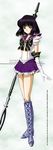  2001 bishoujo_senshi_sailor_moon black_bow black_hair bob_cut boots bow choker earrings elbow_gloves gloves hino_ryutaro holding holding_spear holding_weapon jewelry knee_boots magical_girl polearm purple_eyes purple_footwear purple_sailor_collar purple_skirt sailor_collar sailor_moon_musical sailor_saturn sailor_senshi_uniform silence_glaive skirt solo spear staff star star_choker tiara tomoe_hotaru weapon white_gloves 