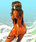  1girl arm_at_side ass bodysuit breasts brown_hair closed_eyes closed_mouth commentary_request from_behind fujita_(pixiv26051) interface_headset legs_apart long_hair medium_breasts neon_genesis_evangelion plugsuit profile red_bodysuit solo souryuu_asuka_langley 