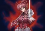  ahoge aiming_at_viewer arm_at_side aura bangs breasts cropped_jacket hair_between_eyes highres holding holding_sword holding_weapon jacket left-handed levantine long_hair looking_at_viewer lyrical_nanoha mahou_shoujo_lyrical_nanoha mahou_shoujo_lyrical_nanoha_a's medium_breasts open_clothes open_jacket outstretched_arm ponytail puffy_sleeves red_eyes signum smirk solo sword unsheathed upper_body weapon 