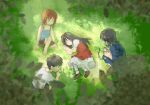  2boys 2girls aged_down black_hair blue_eyes blue_kimono blue_tank_top brother_and_sister brown_shorts dress grass head_wreath highres hisui_(tsukihime) japanese_clothes kimono long_hair looking_at_another medium_hair multiple_boys multiple_girls on_grass outdoors red_hair shirt short_hair shorts siblings sleeping smile step-siblings tank_top tohno_akiha tohno_shiki tohno_shiki_(2) tsukihime white_shirt 