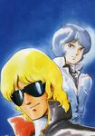  absurdres blonde_hair blue_eyes blue_hair gundam highres kamille_bidan kitazume_hiroyuki male_focus multiple_boys quattro_vageena sunglasses zeta_gundam 